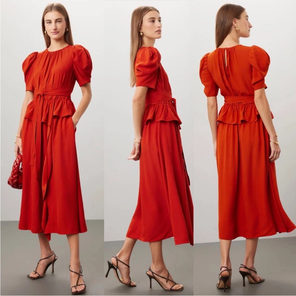 Ulla Johnson Marion Puff Sleeve Ruffle Belt Midi Red Holiday Cocktail Dress